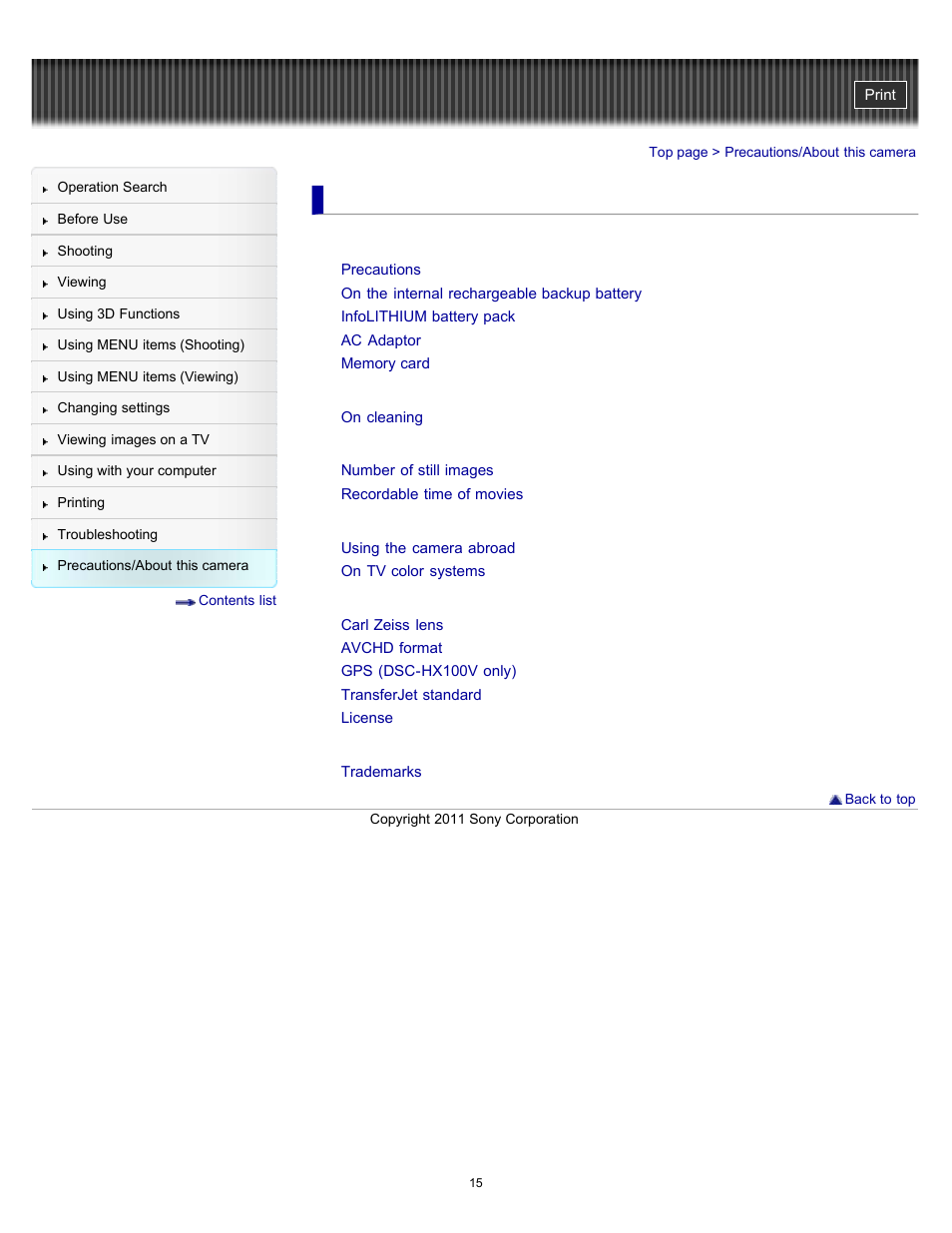 Precautions/about this camera | Sony DSC-HX100V User Manual | Page 15 / 297