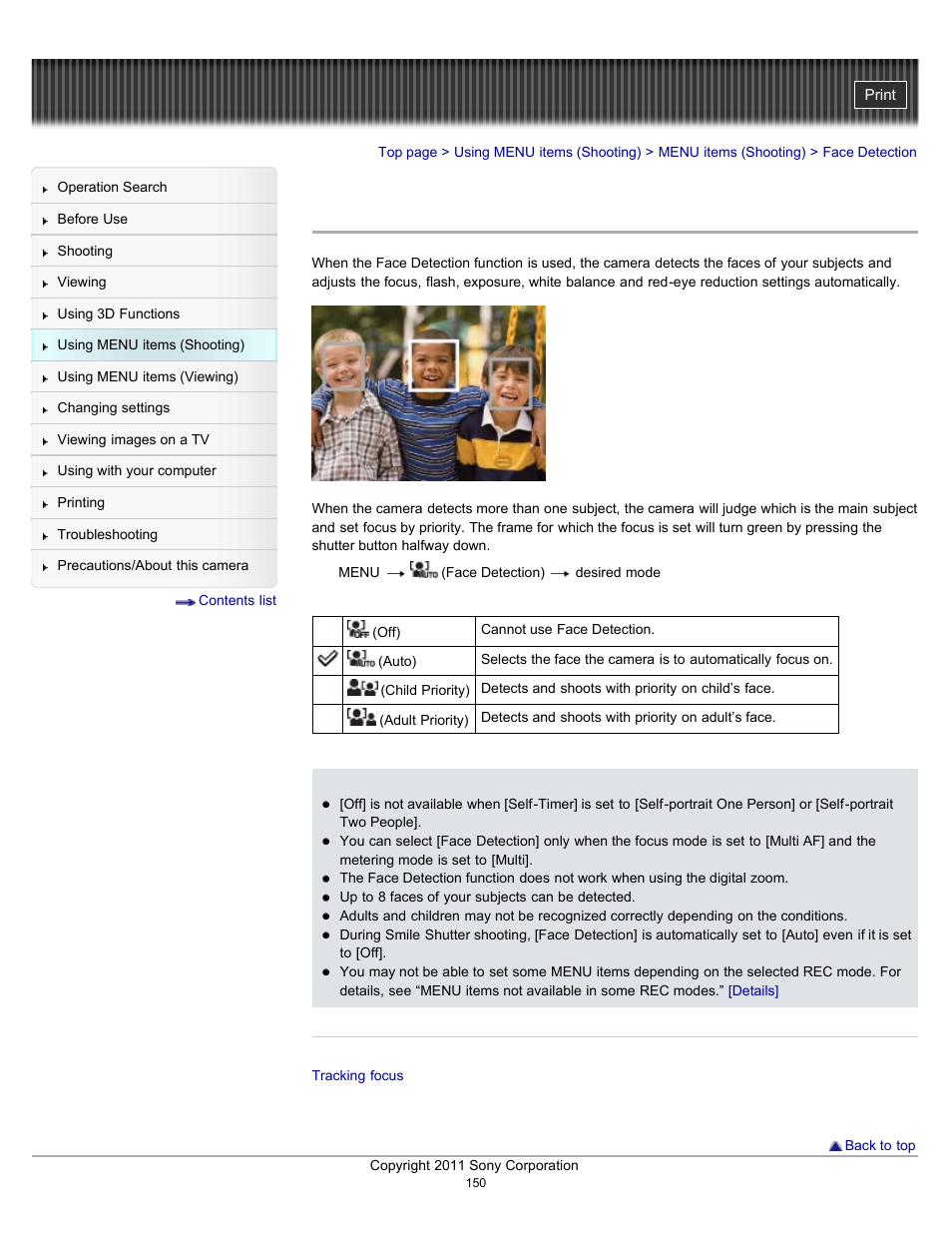 Face detection, Details | Sony DSC-HX100V User Manual | Page 150 / 297