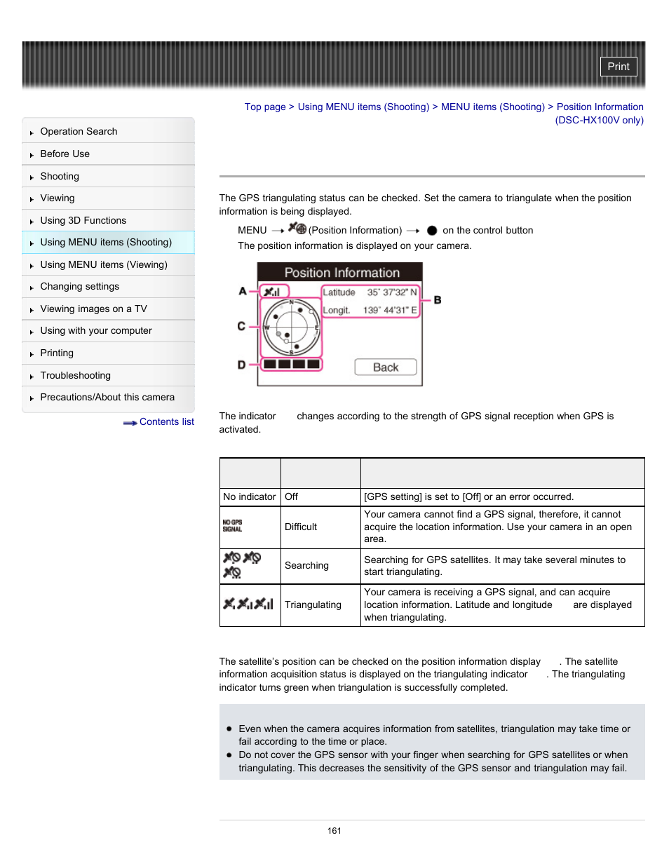 Position information (dsc-hx100v only) | Sony DSC-HX100V User Manual | Page 161 / 297