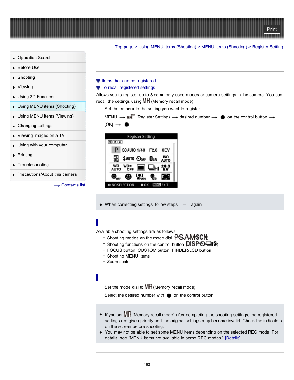 Register setting, Details | Sony DSC-HX100V User Manual | Page 163 / 297