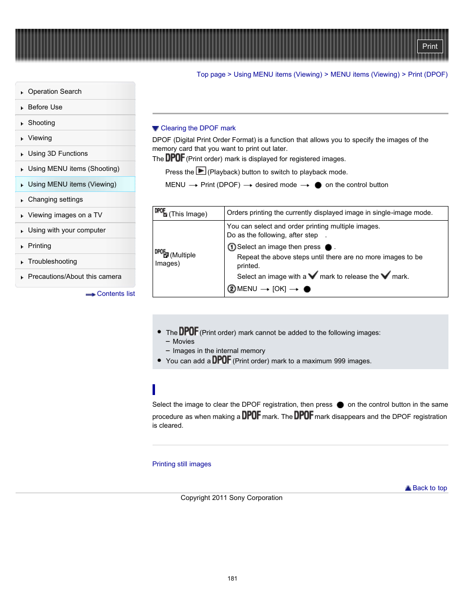 Print (dpof) | Sony DSC-HX100V User Manual | Page 181 / 297