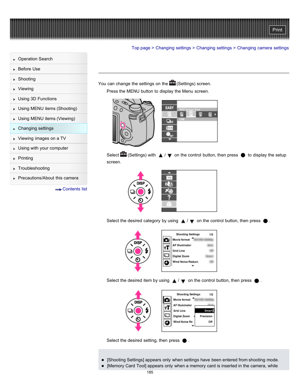 Changing camera settings | Sony DSC-HX100V User Manual | Page 185 / 297