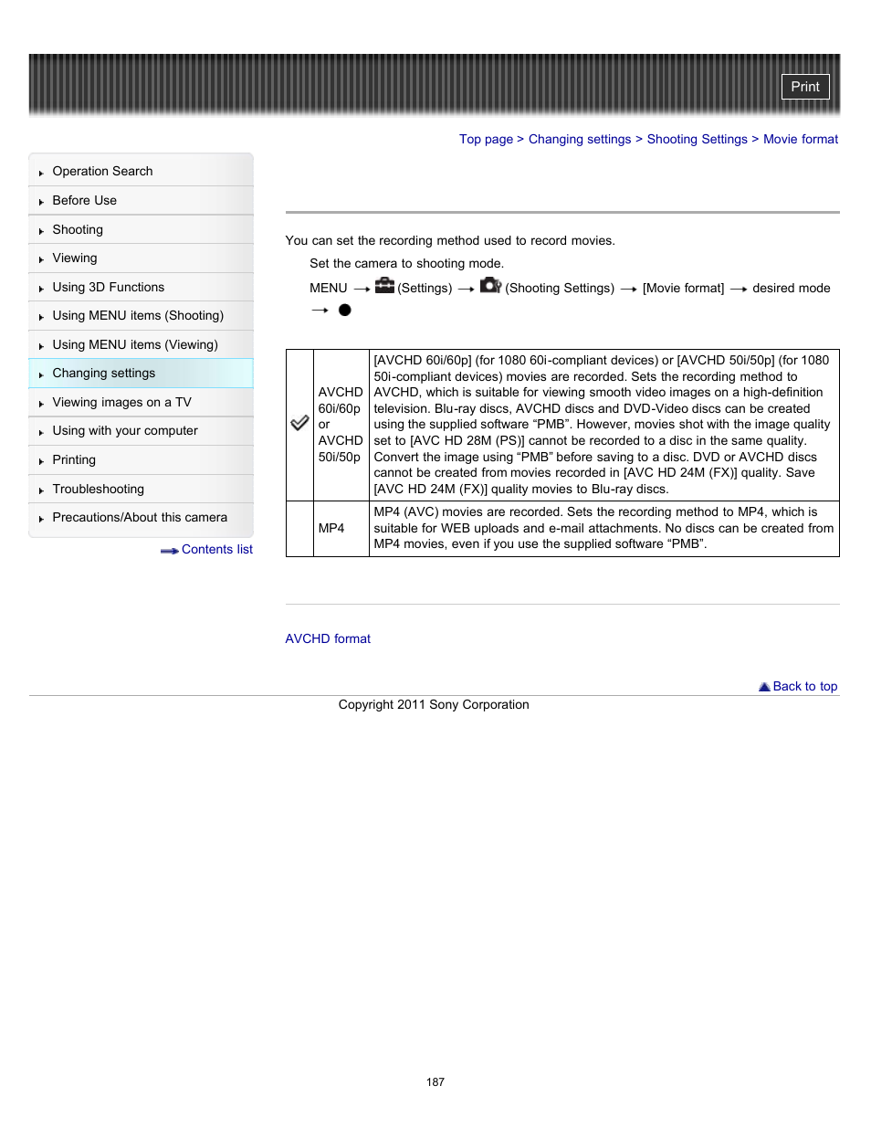 Movie format, Details | Sony DSC-HX100V User Manual | Page 187 / 297