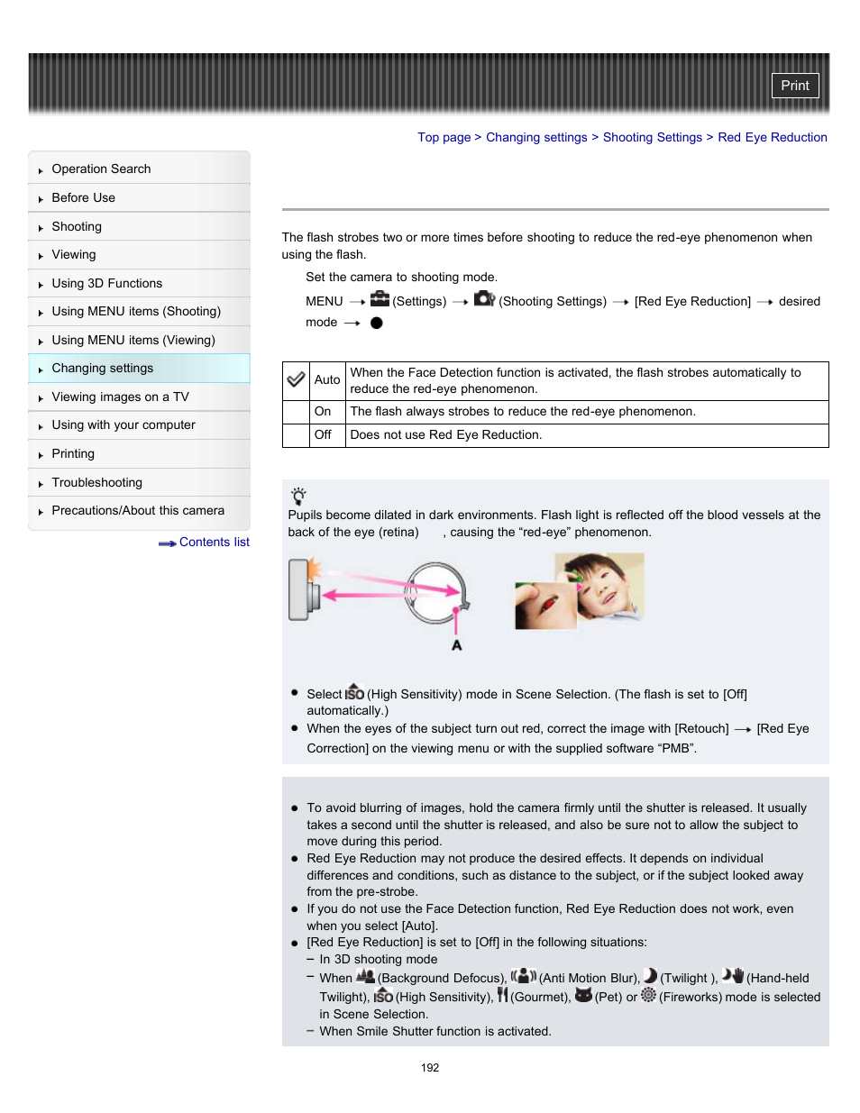 Red eye reduction | Sony DSC-HX100V User Manual | Page 192 / 297