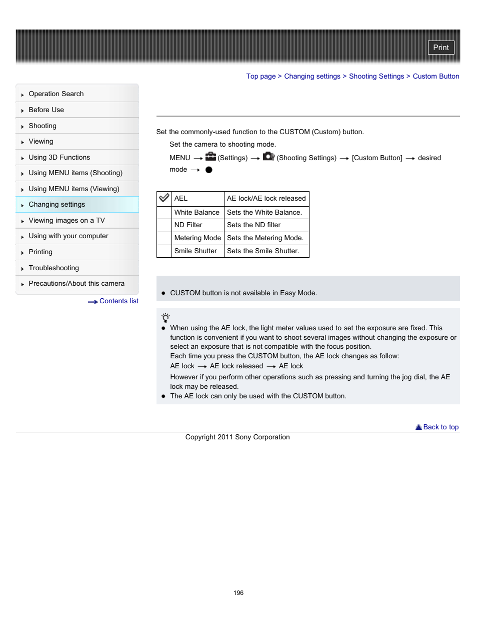 Custom button, Details | Sony DSC-HX100V User Manual | Page 196 / 297