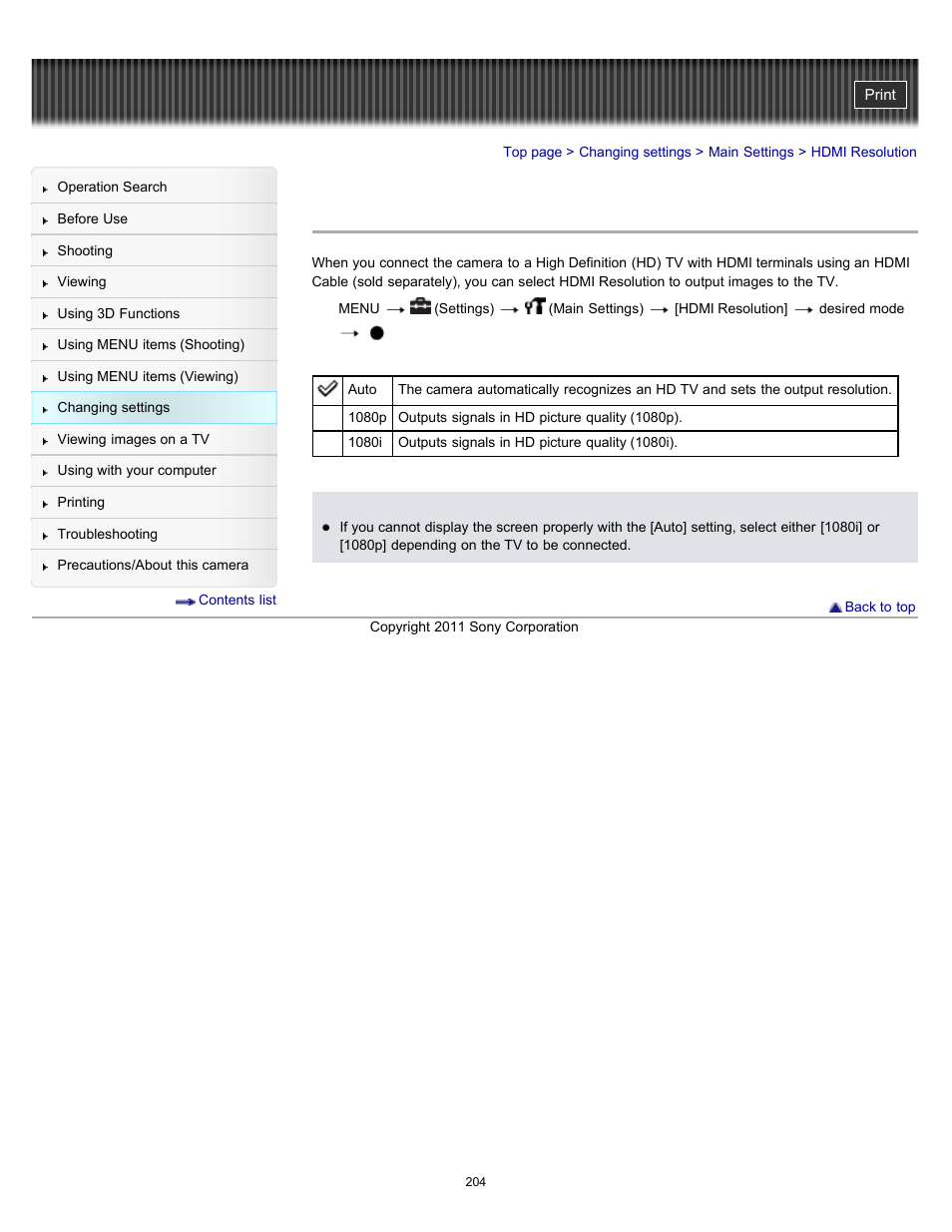 Hdmi resolution | Sony DSC-HX100V User Manual | Page 204 / 297