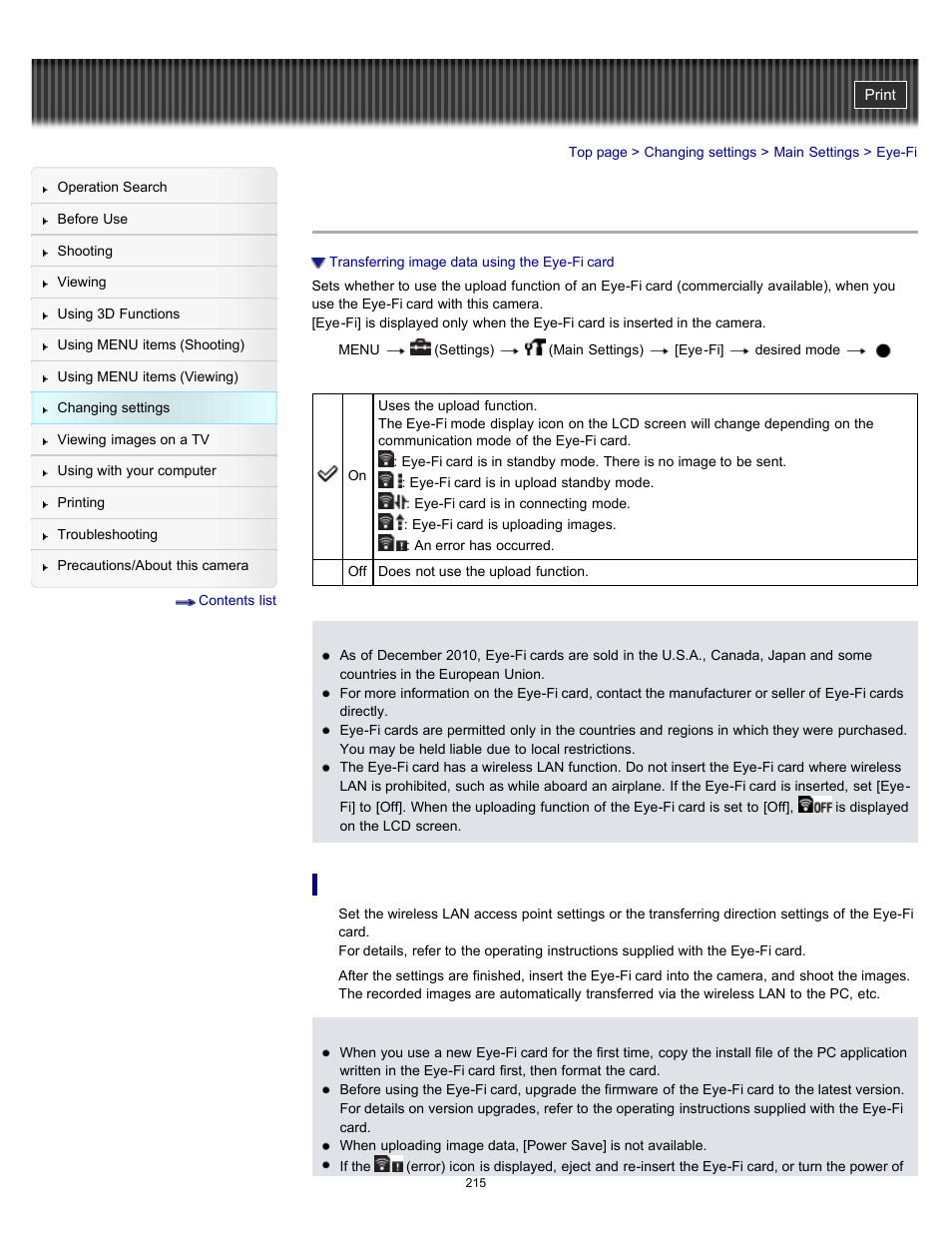 Eye-fi | Sony DSC-HX100V User Manual | Page 215 / 297