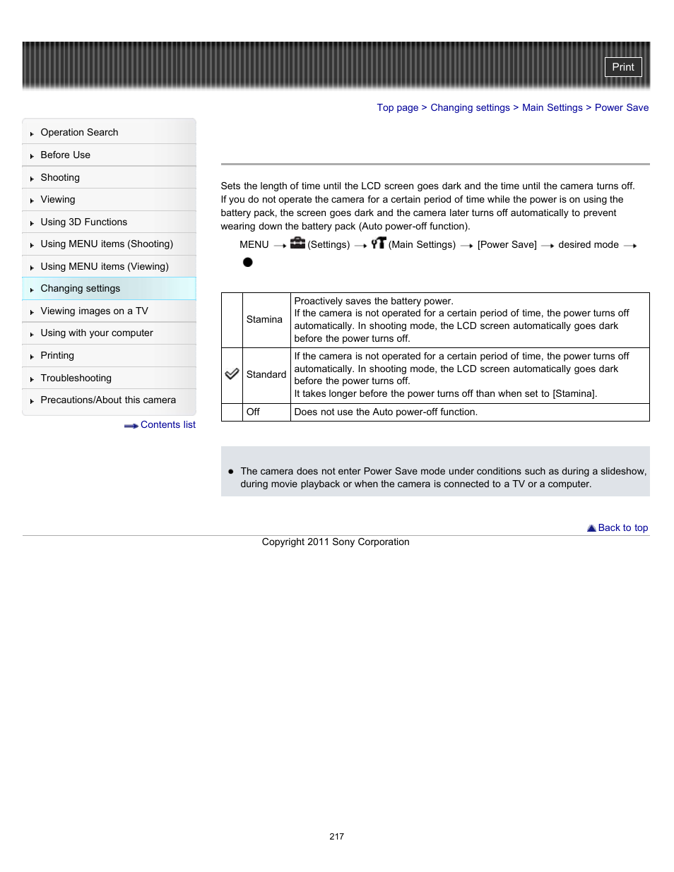 Power save | Sony DSC-HX100V User Manual | Page 217 / 297