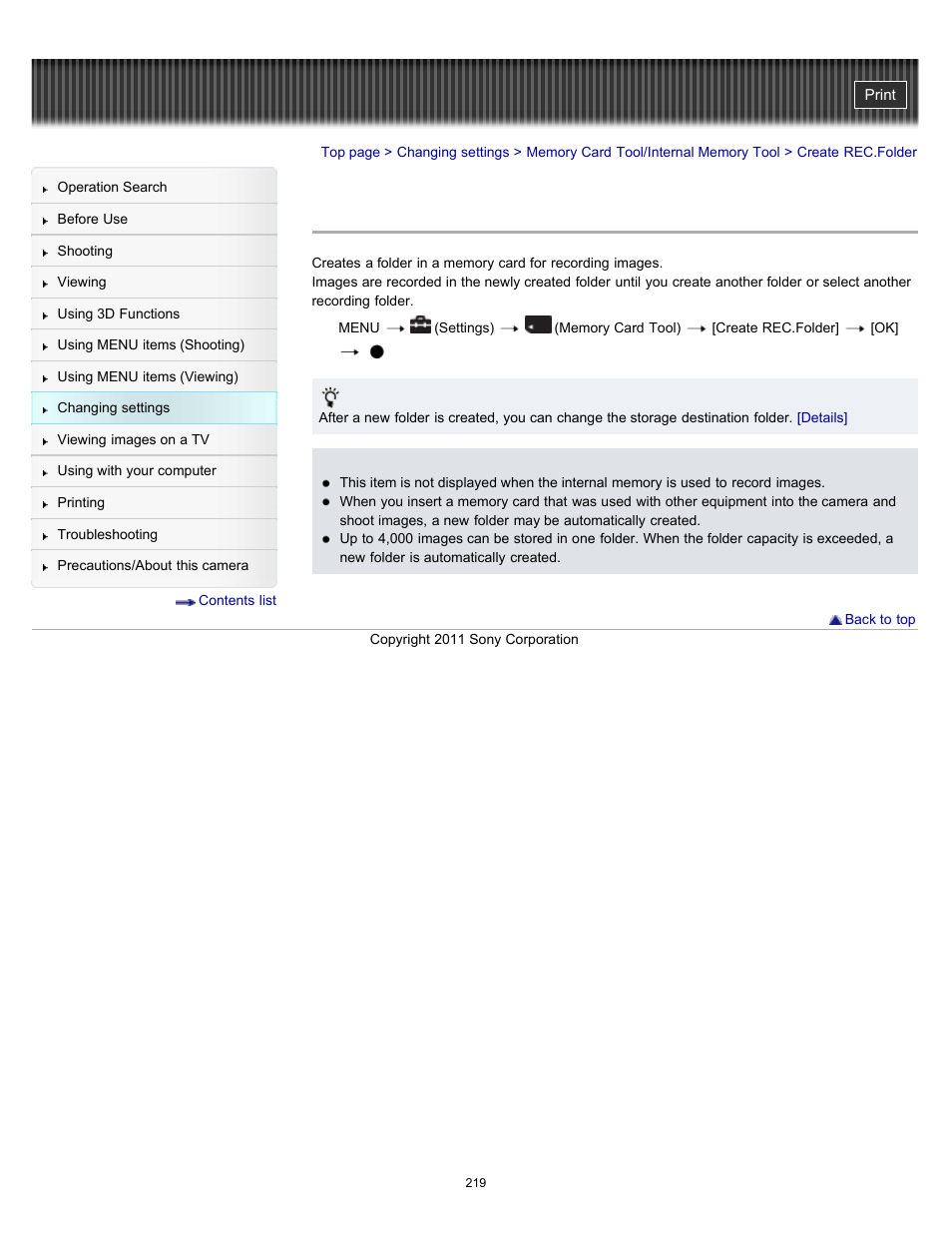 Create rec.folder | Sony DSC-HX100V User Manual | Page 219 / 297