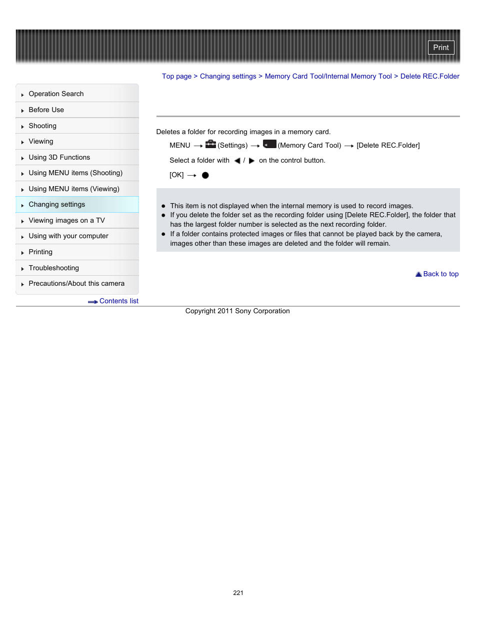 Delete rec.folder | Sony DSC-HX100V User Manual | Page 221 / 297