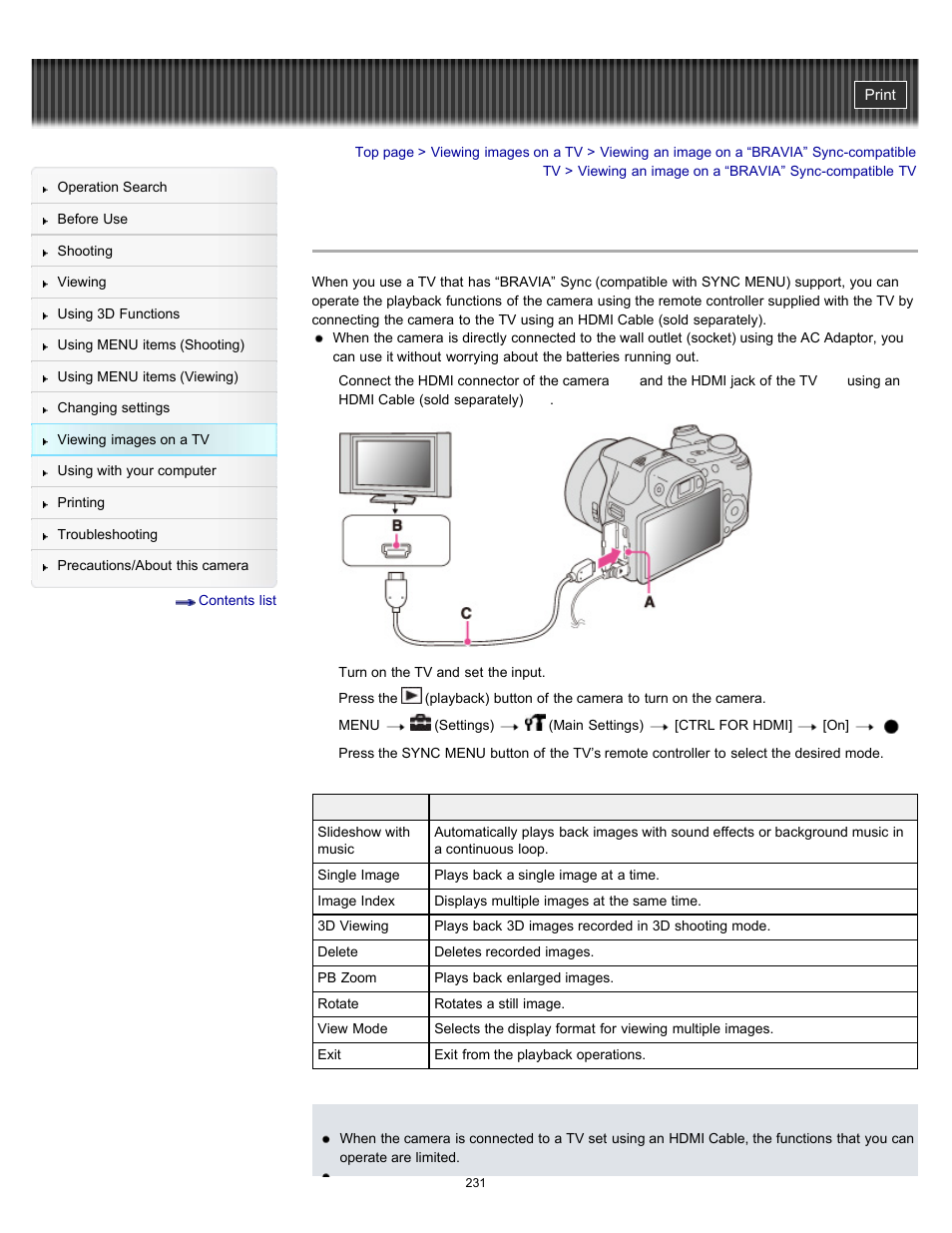 Viewing an image on a “bravia” sync-compatible tv, Details | Sony DSC-HX100V User Manual | Page 231 / 297