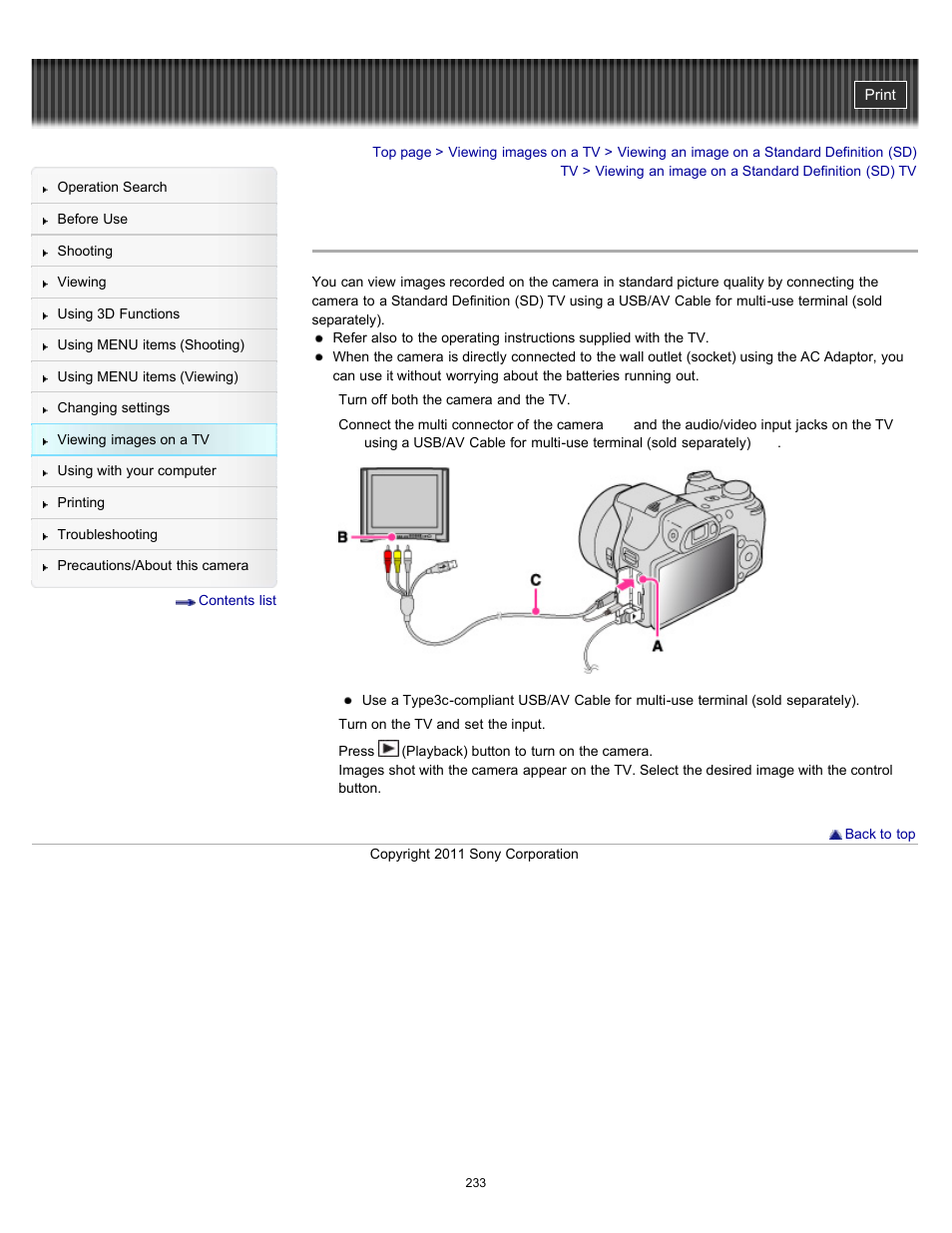 Viewing an image on a standard definition (sd) tv | Sony DSC-HX100V User Manual | Page 233 / 297