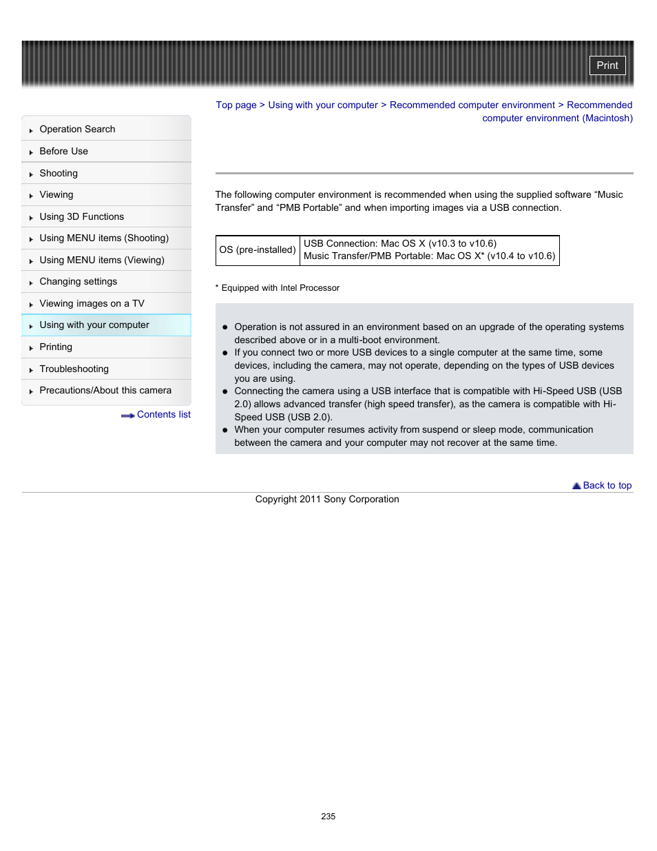 Recommended computer environment (macintosh) | Sony DSC-HX100V User Manual | Page 235 / 297