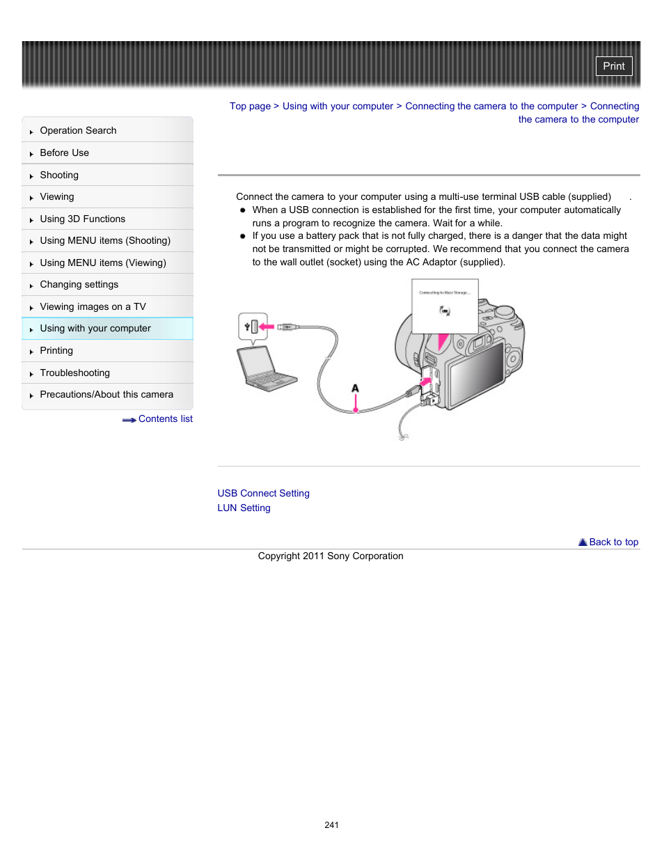 Connecting the camera to the computer | Sony DSC-HX100V User Manual | Page 241 / 297