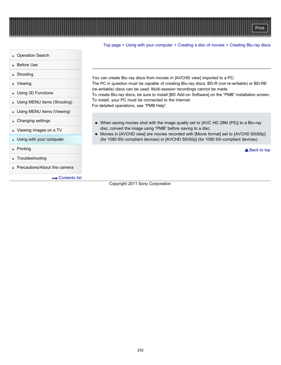 Creating blu-ray discs, Details | Sony DSC-HX100V User Manual | Page 252 / 297