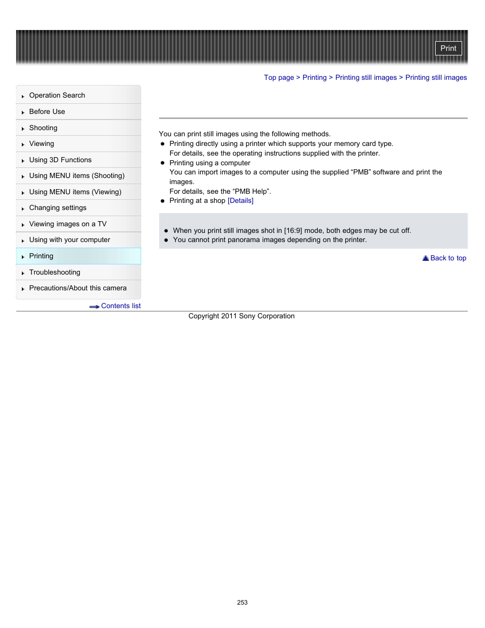 Printing still images | Sony DSC-HX100V User Manual | Page 253 / 297