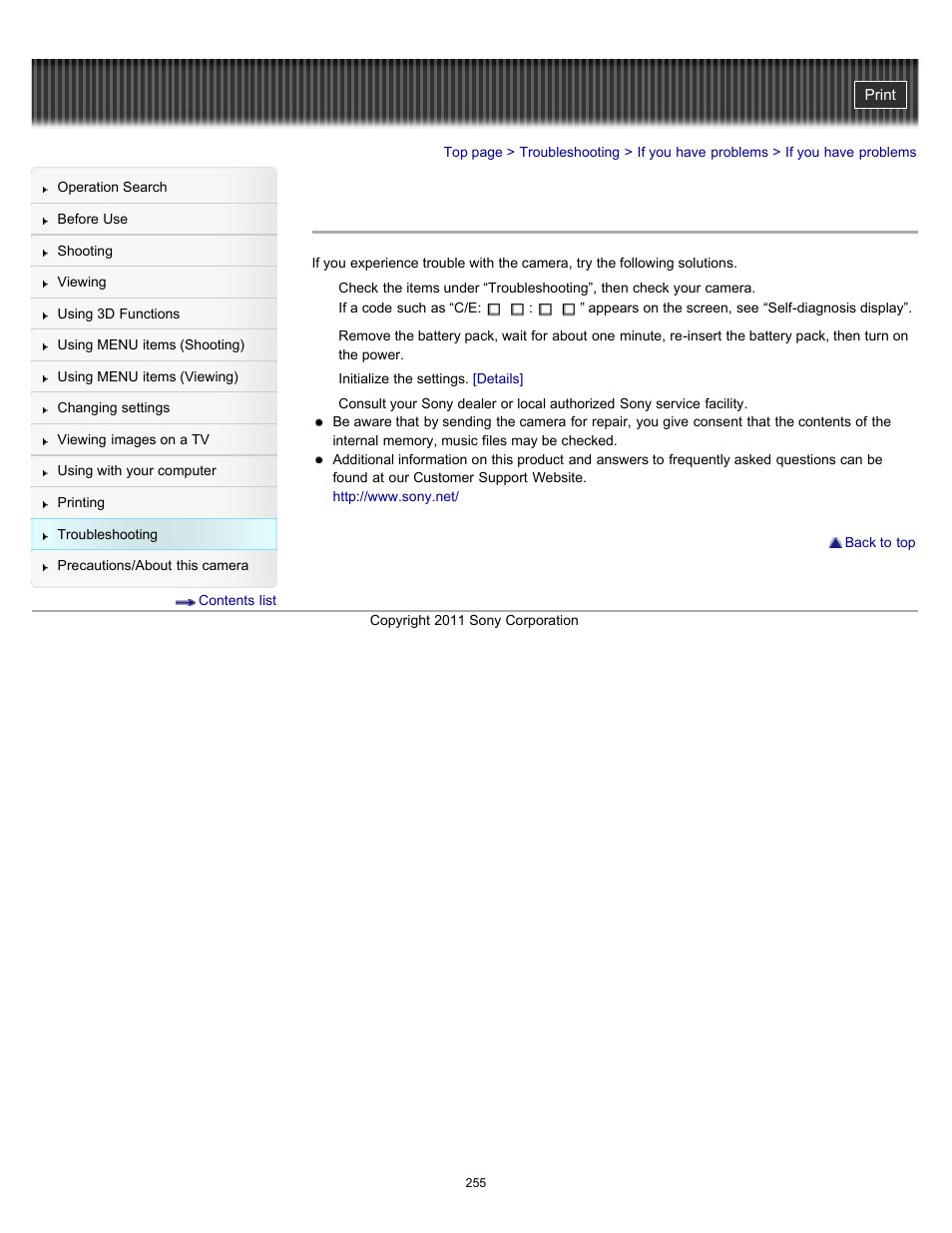 If you have problems | Sony DSC-HX100V User Manual | Page 255 / 297