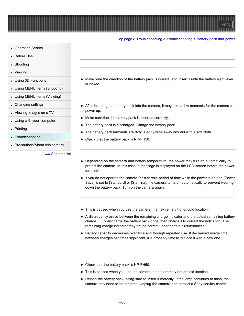 Battery pack and power | Sony DSC-HX100V User Manual | Page 256 / 297