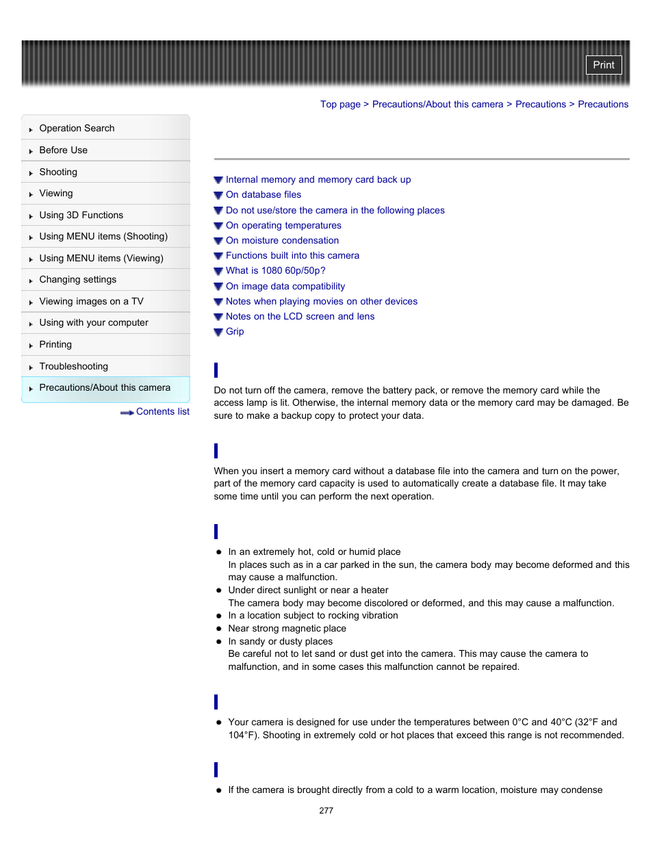Precautions | Sony DSC-HX100V User Manual | Page 277 / 297