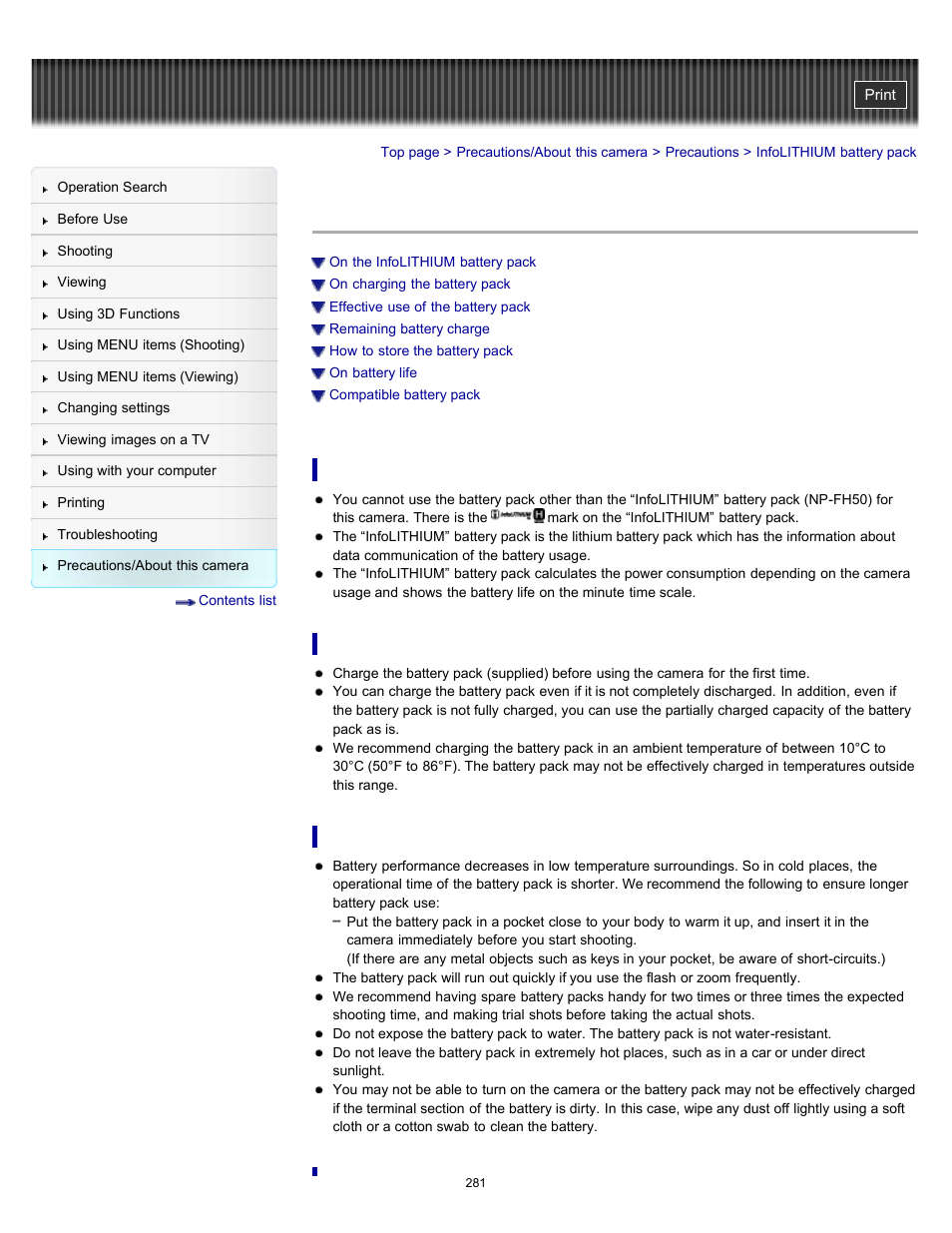 Infolithium battery pack | Sony DSC-HX100V User Manual | Page 281 / 297