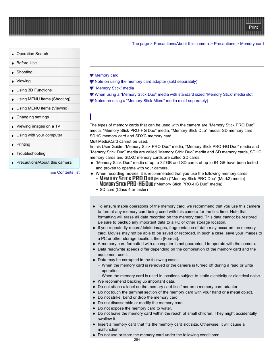 Memory card, Details | Sony DSC-HX100V User Manual | Page 284 / 297