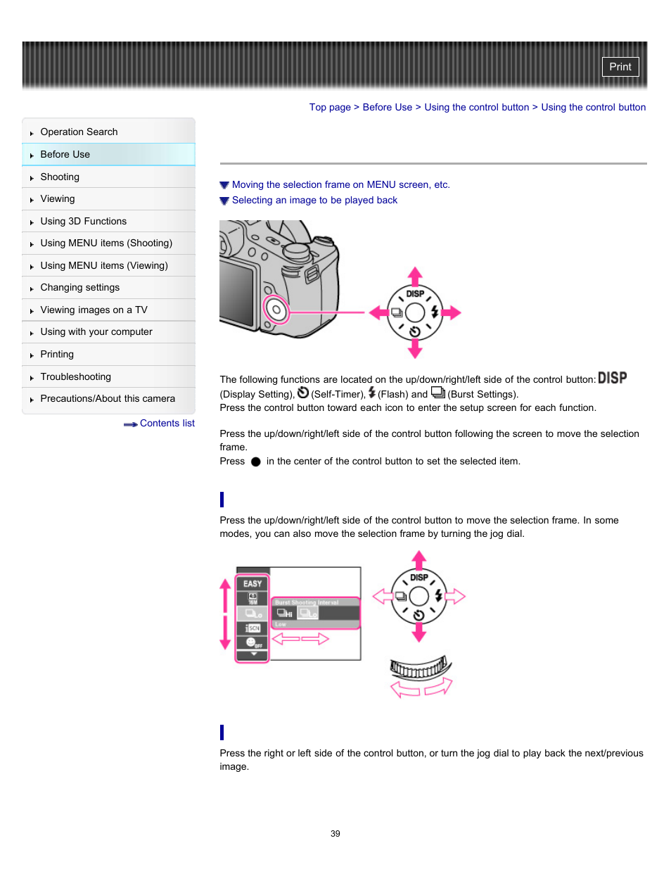 Using the control button | Sony DSC-HX100V User Manual | Page 39 / 297