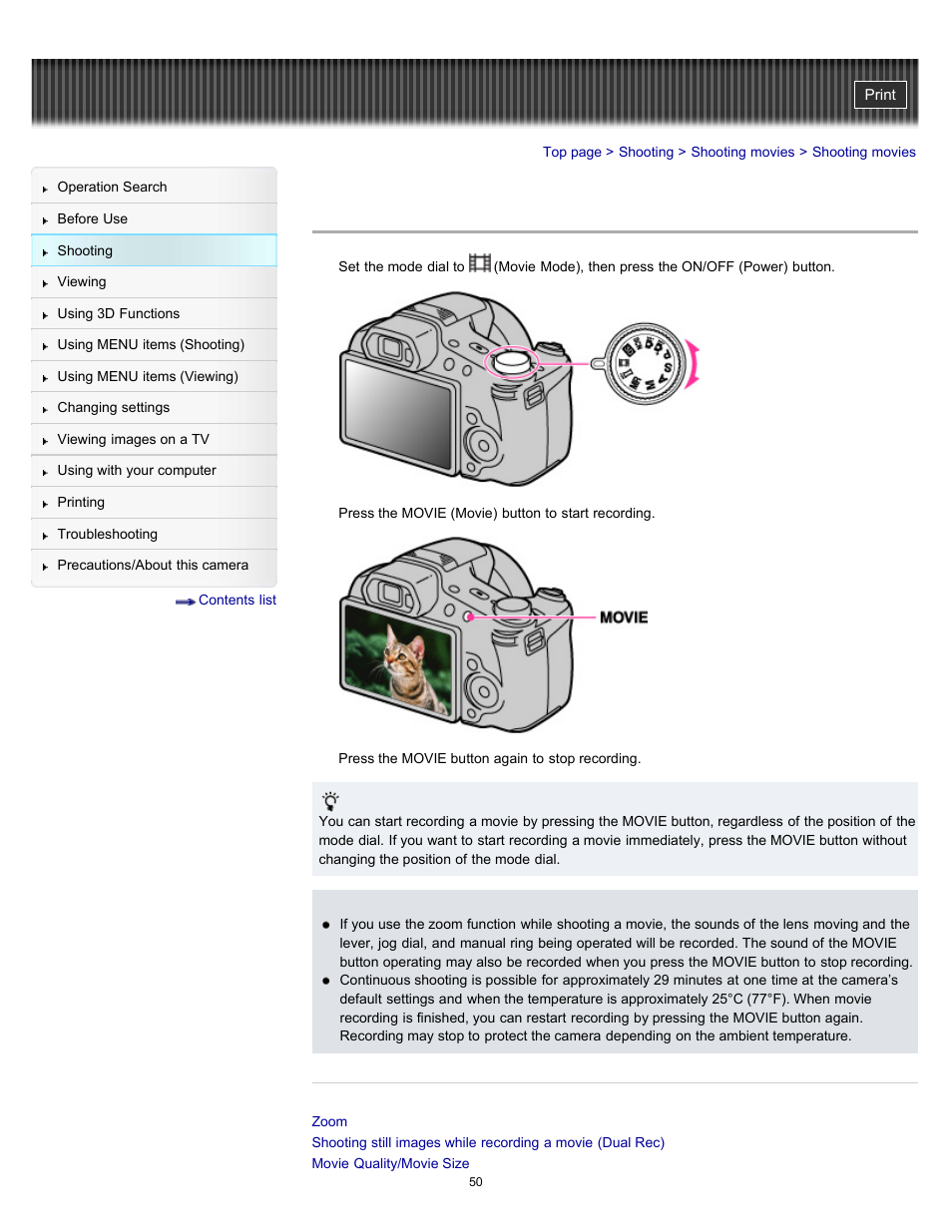 Shooting movies | Sony DSC-HX100V User Manual | Page 50 / 297