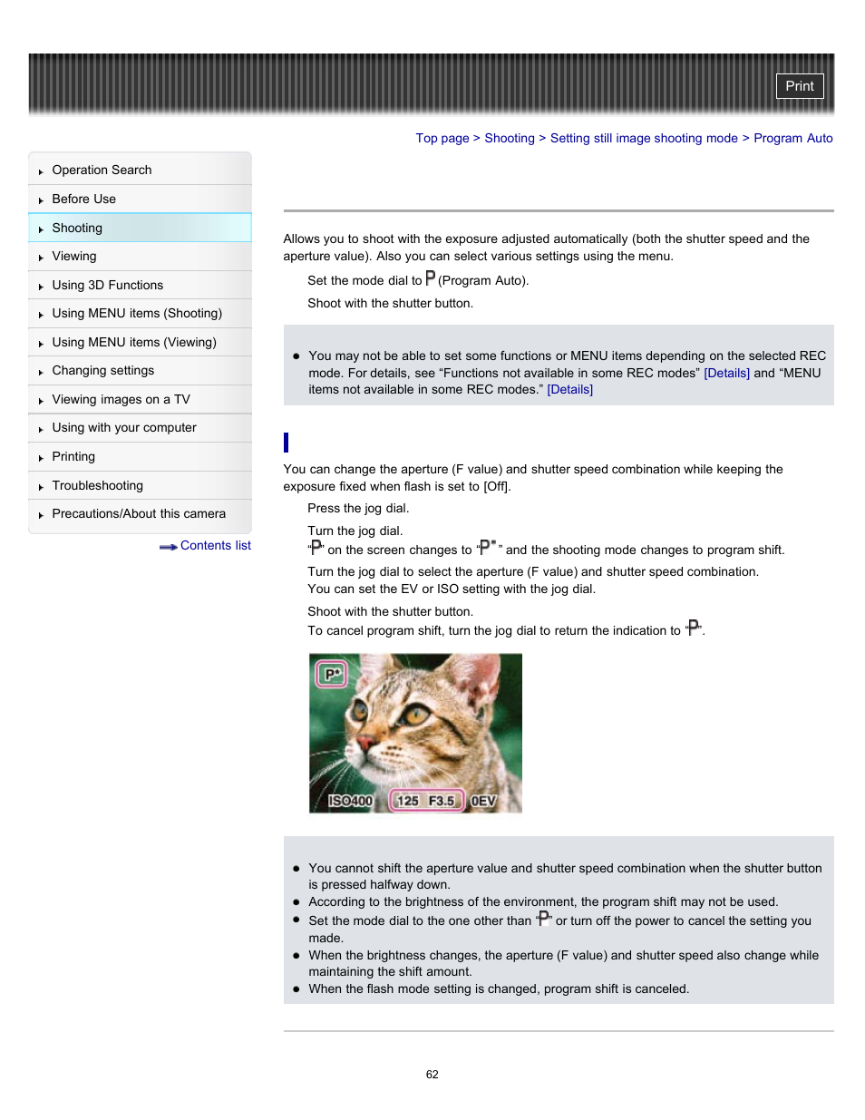 Program auto | Sony DSC-HX100V User Manual | Page 62 / 297