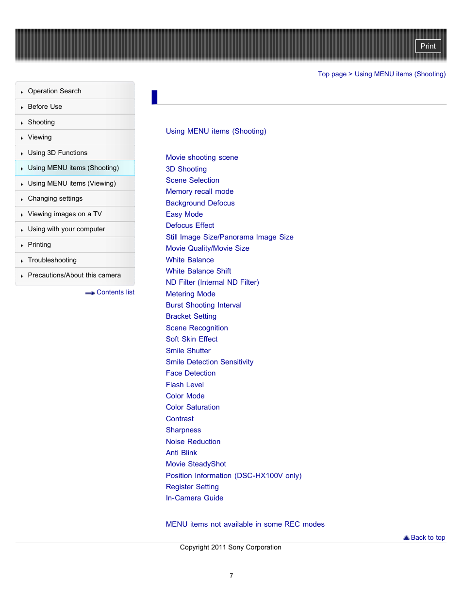 Using menu items (shooting) | Sony DSC-HX100V User Manual | Page 7 / 297