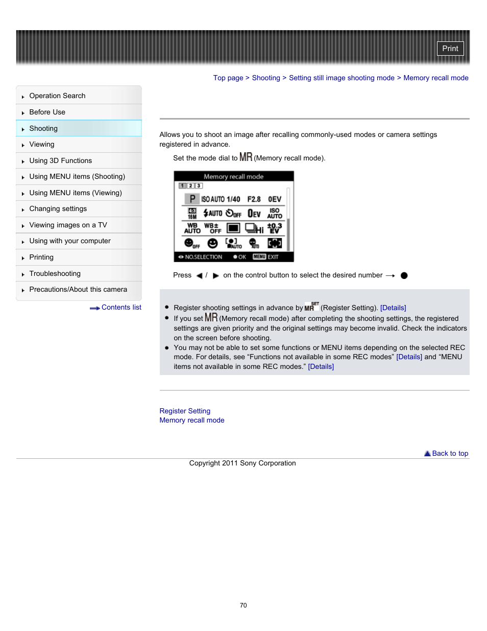 Memory recall mode | Sony DSC-HX100V User Manual | Page 70 / 297