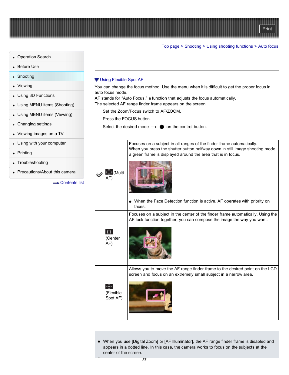 Auto focus, Details | Sony DSC-HX100V User Manual | Page 87 / 297