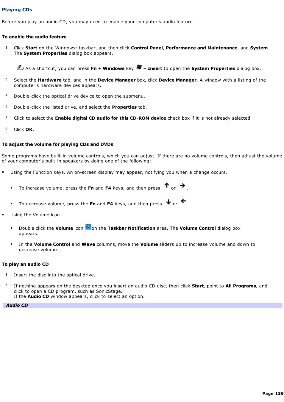 Playing cds | Sony PCG-GRT260G User Manual | Page 139 / 276