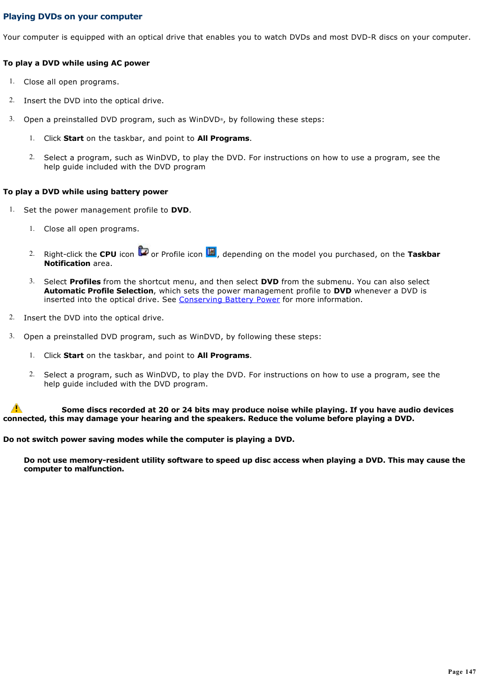 Playing dvds on your computer | Sony PCG-GRT260G User Manual | Page 147 / 276