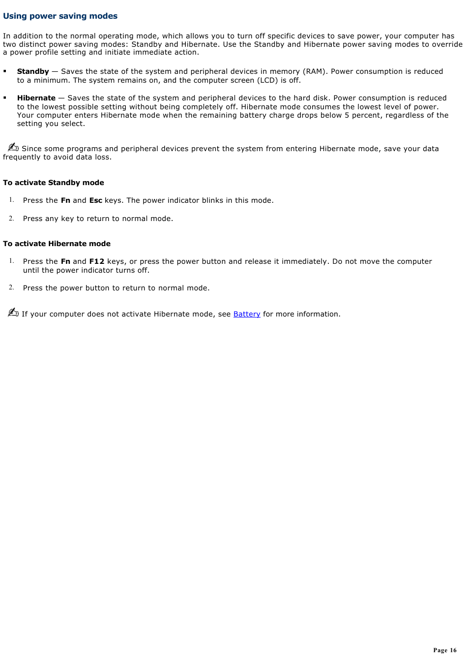 Using power saving modes | Sony PCG-GRT260G User Manual | Page 16 / 276