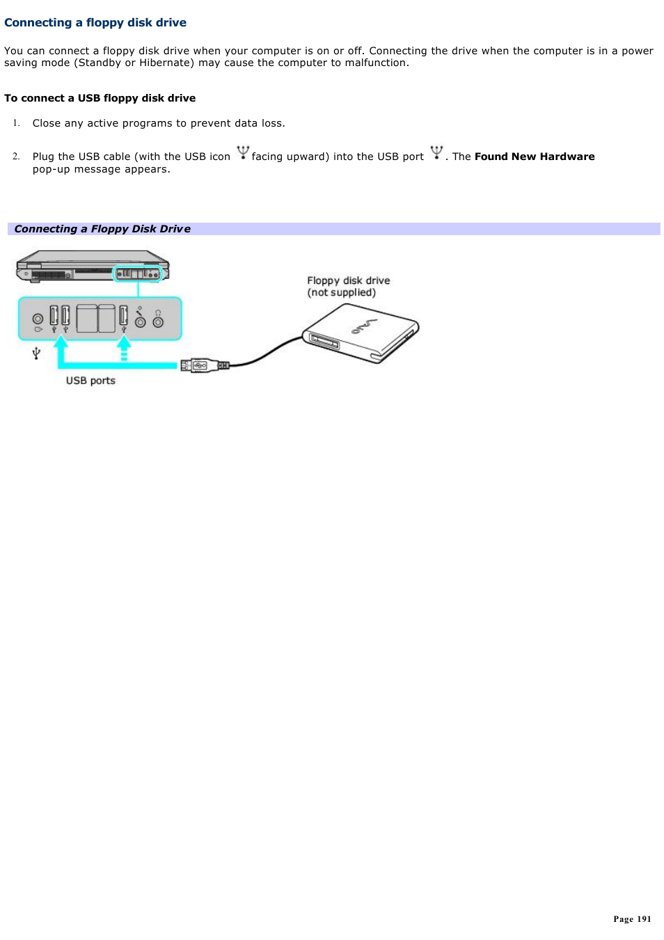 Connecting a floppy disk drive | Sony PCG-GRT260G User Manual | Page 191 / 276