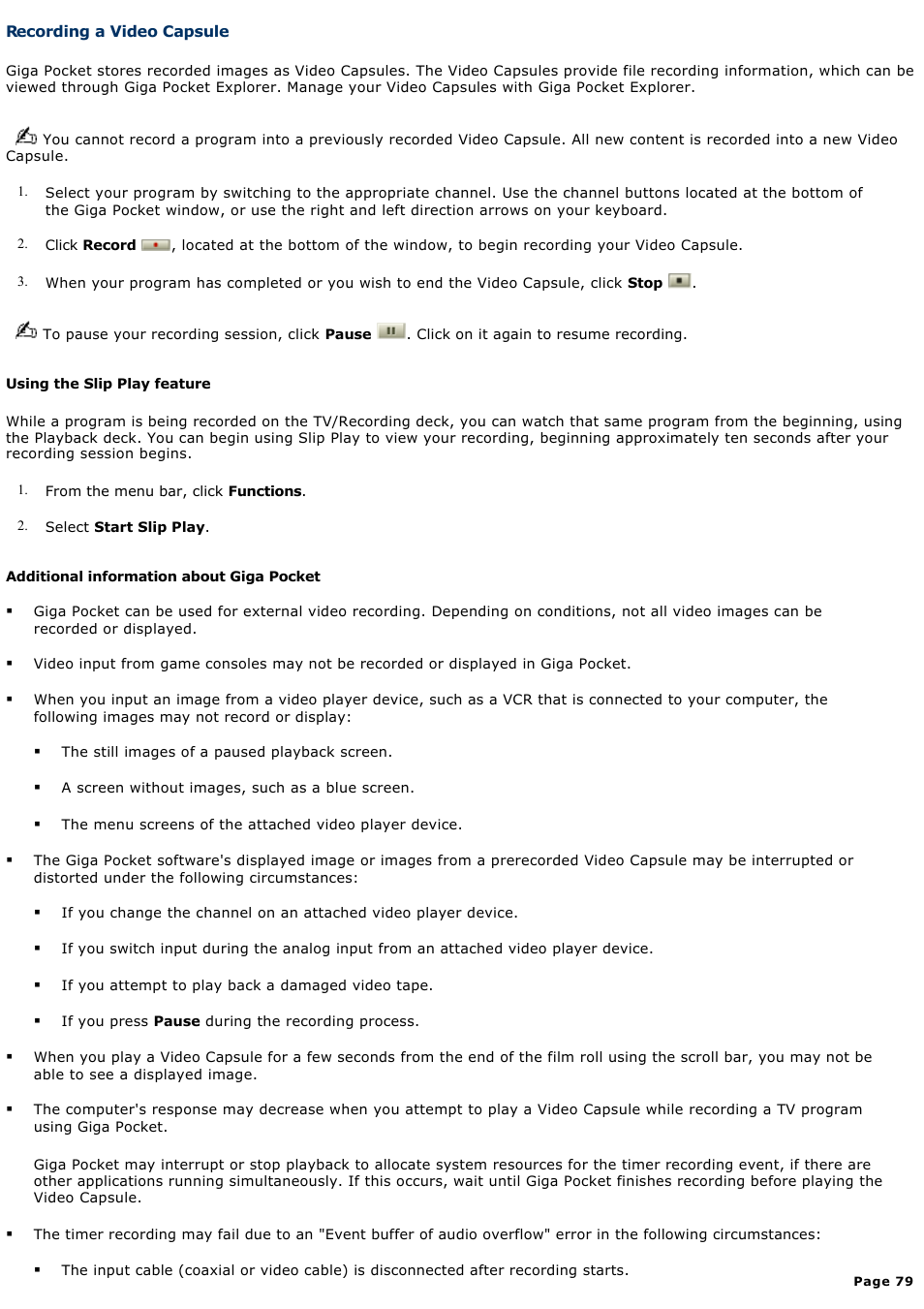 Recording a video capsule | Sony PCG-GRT260G User Manual | Page 79 / 276