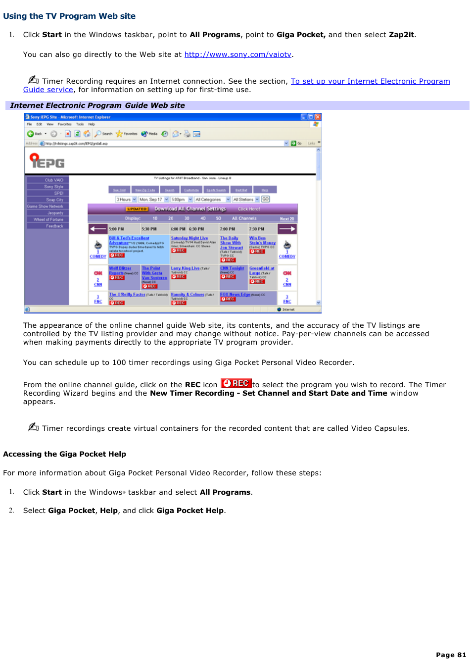 Using the tv program web site | Sony PCG-GRT260G User Manual | Page 81 / 276