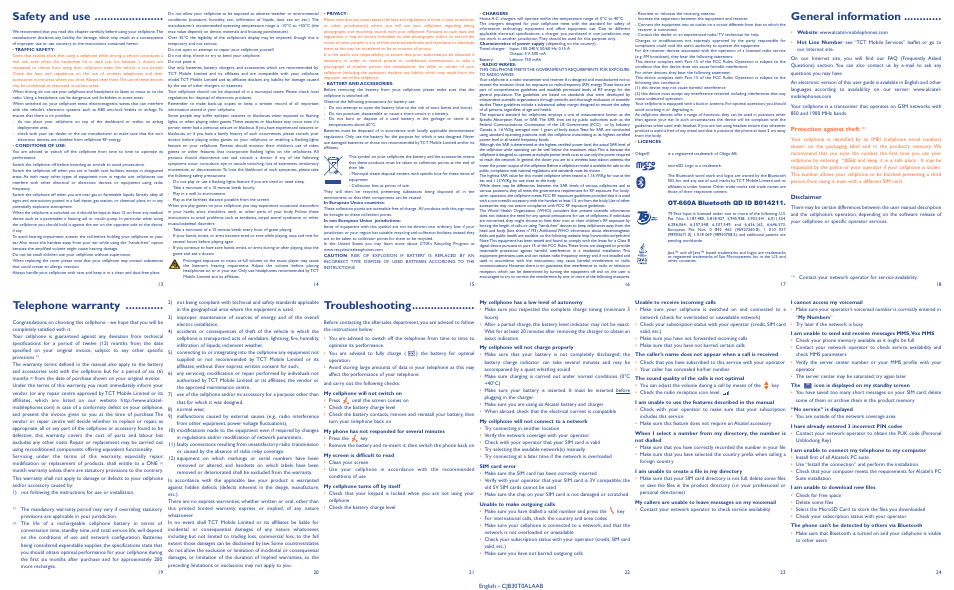 Troubleshooting, Telephone warranty, Safety and use | General information | Alcatel OT-660A User Manual | Page 2 / 2