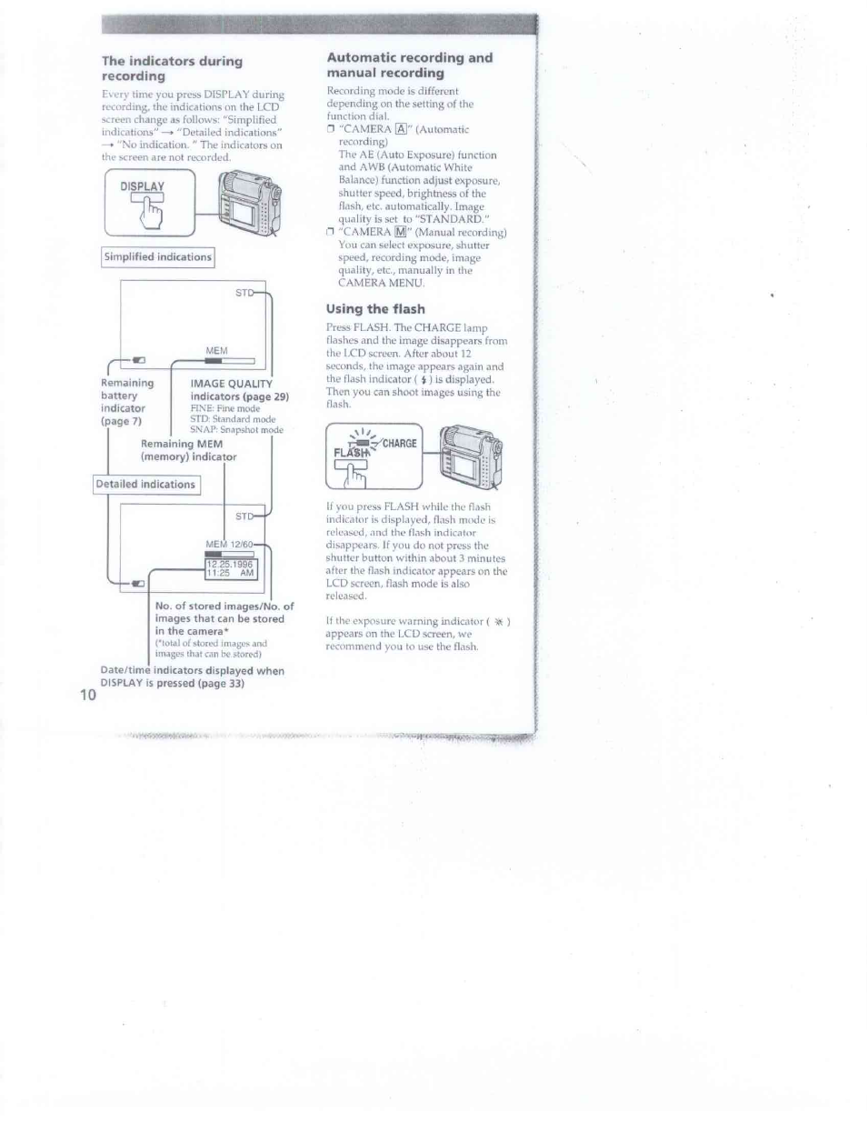 The indicators during recording, Automatic recording and manual recording, Using the flash | Sony DSC-F1 User Manual | Page 10 / 60