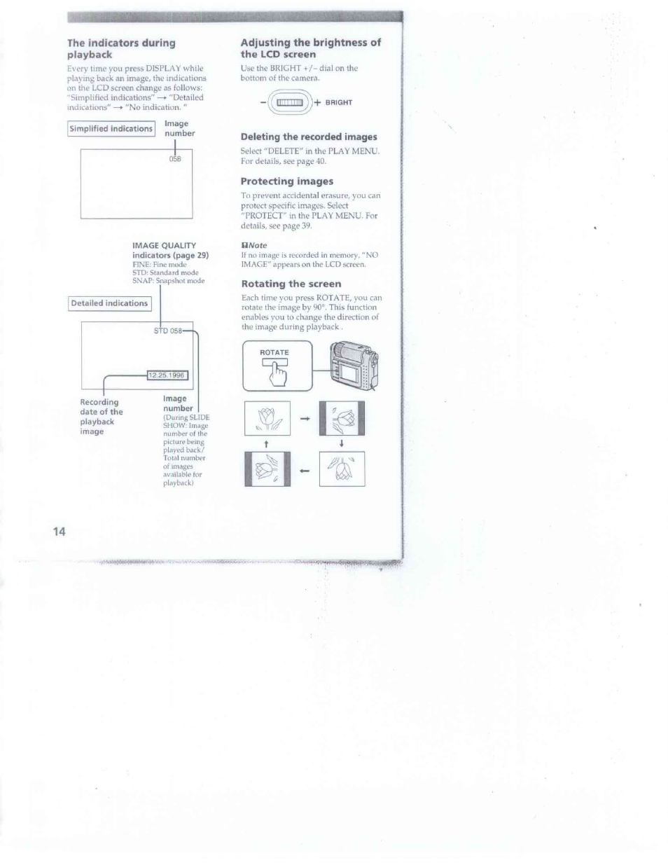 The indicators during playback, Adjusting the brightness of the lcd screen, Deleting the recorded images | Protecting images, Rotating the screen | Sony DSC-F1 User Manual | Page 14 / 60