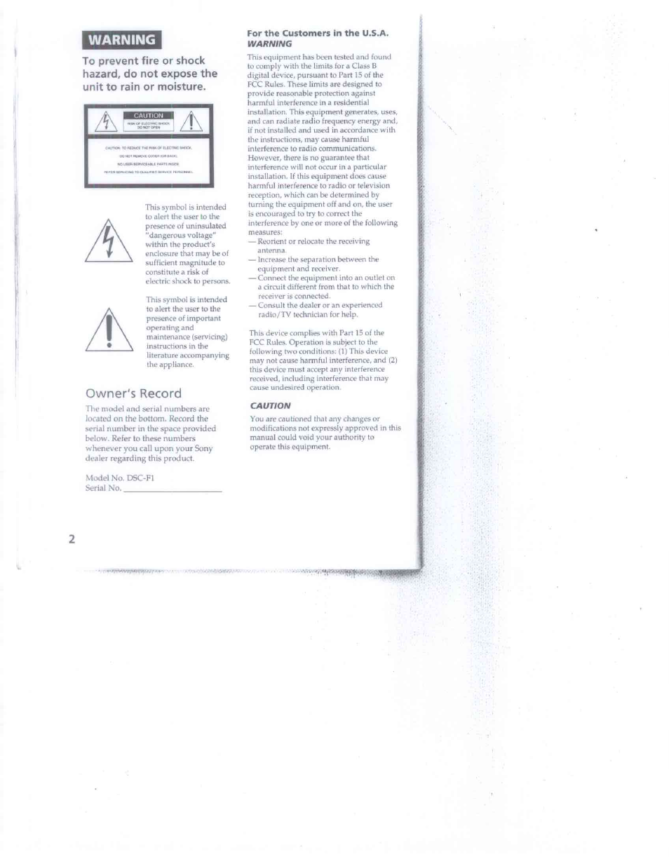 For the customers in the u.s.a. warning, Warning, Owner's recor(d | Sony DSC-F1 User Manual | Page 2 / 60