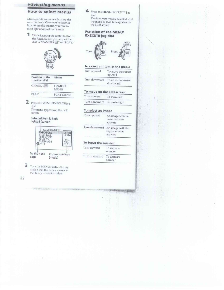 P^5electing menus how to select menus, Function of the menu/ execute jog dial | Sony DSC-F1 User Manual | Page 22 / 60