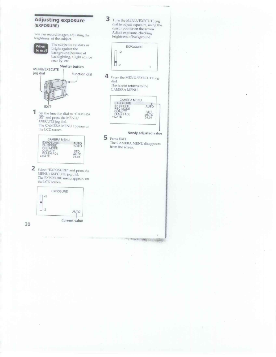Adjusting exposure, Exposure) | Sony DSC-F1 User Manual | Page 30 / 60