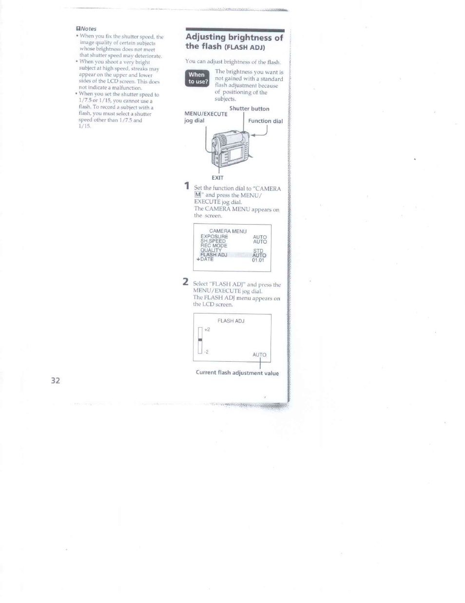 Adjusting brightness of the flash (flash adj), Adjusting brightness of the flash | Sony DSC-F1 User Manual | Page 32 / 60