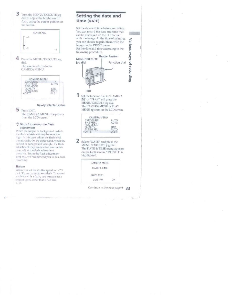 Newly selected value, Shutter button, Setting the date and time | Sony DSC-F1 User Manual | Page 33 / 60