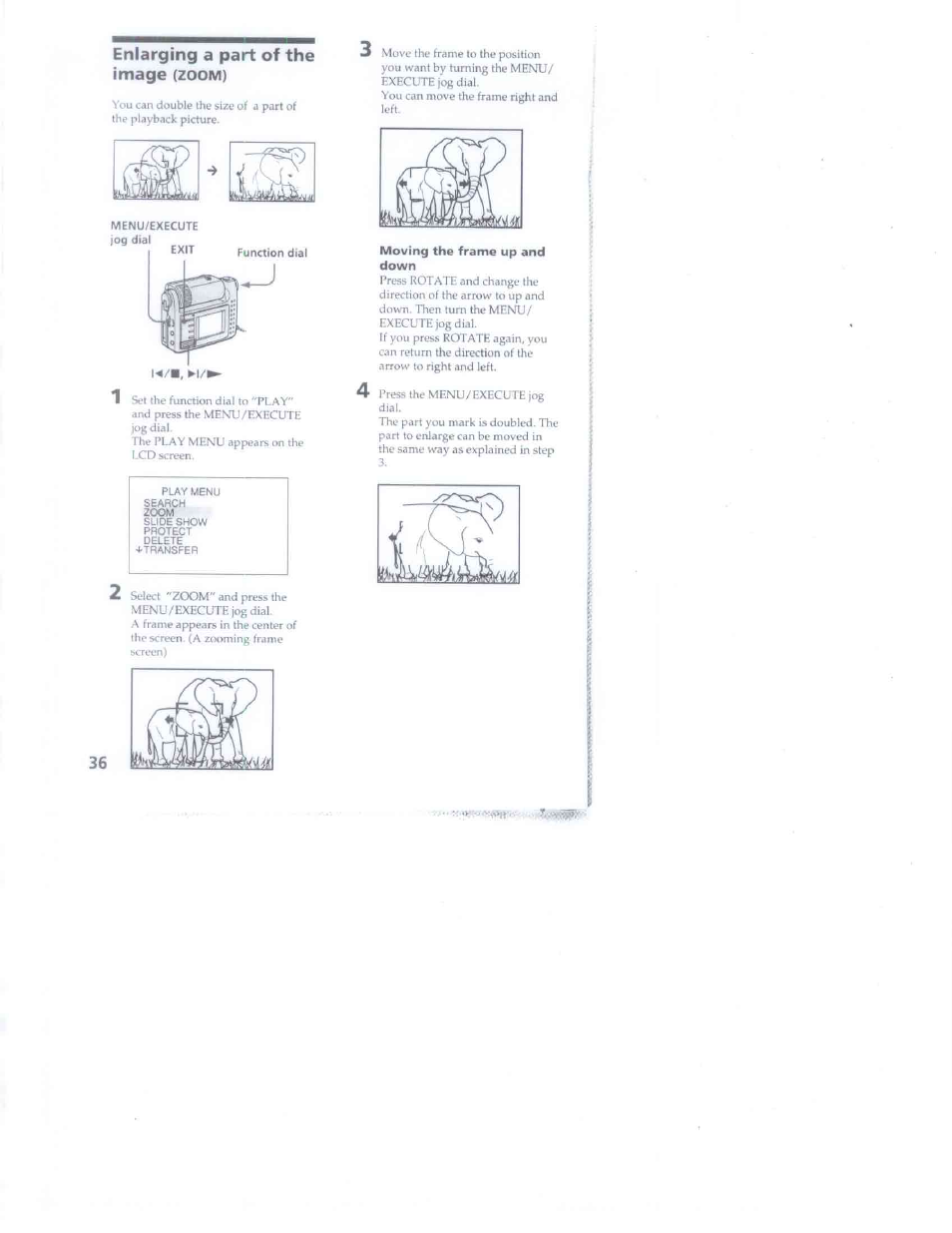 Enlarging a part of the image (zoom), Moving the frame up and down, Enlarging a part of the image | Sony DSC-F1 User Manual | Page 36 / 60