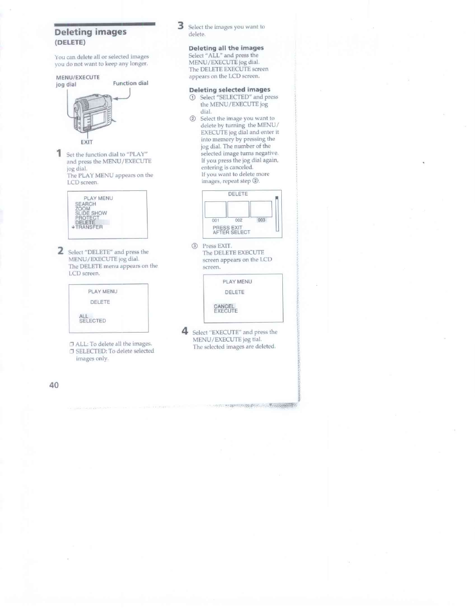 Deleting images, Delete), Function dial | Deleting all the images, Deleting selected images | Sony DSC-F1 User Manual | Page 40 / 60