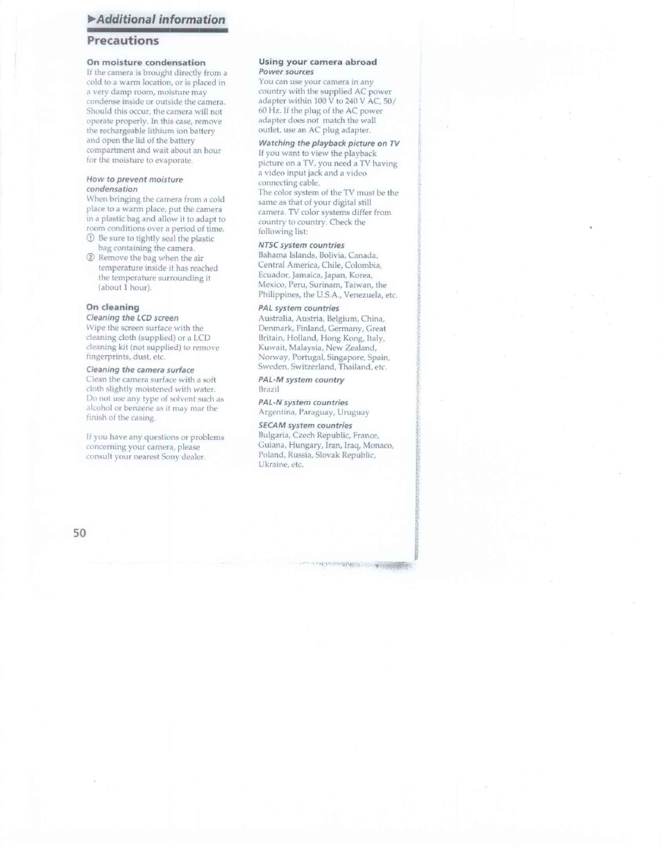 Additional information precautions, On moisture condensation, On cleaning | Using your camera abroad | Sony DSC-F1 User Manual | Page 50 / 60