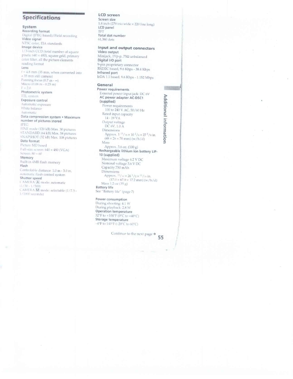 Specifications, System, Lcd screen screen size | Input ancj output connectors, General | Sony DSC-F1 User Manual | Page 55 / 60