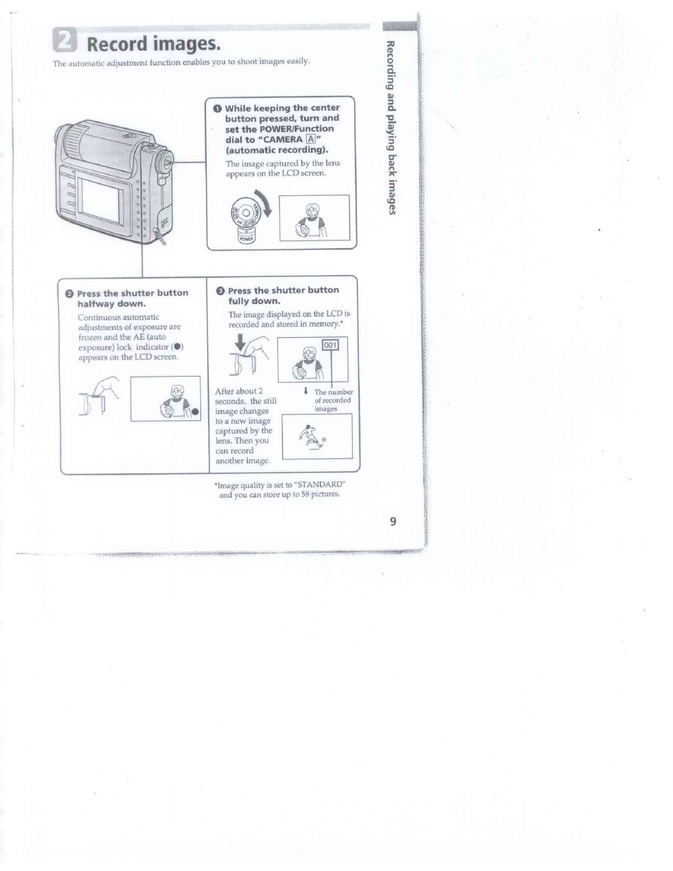 O press the shutter button halfway down, O press the shutter button fully down, Q record images | Sony DSC-F1 User Manual | Page 9 / 60